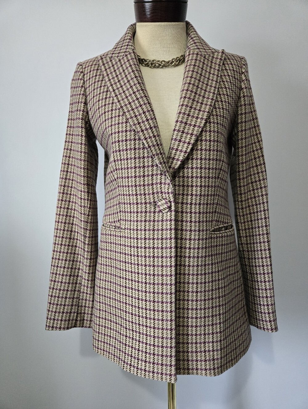 Massimo Dutti Wool And Cotton Houndstooth Plaid Blazer In Neutral And Purple. 6